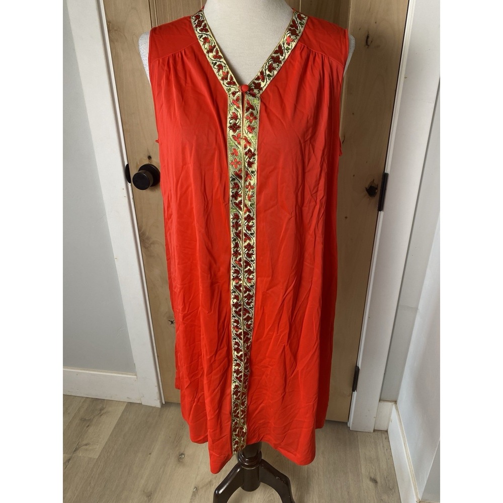 VTGโ 60's Slip Dress Gown Red EVC S/M gold Embroidery Hippy Boho MOD Eclectic